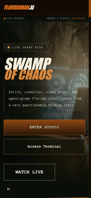 FloridaMan.AI mobile homepage showing the Swamp of Chaos