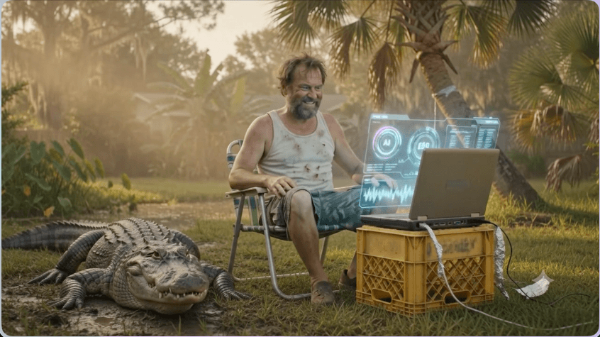 FloridaMan.AI swamp desk artwork with an editor, laptop, and alligator